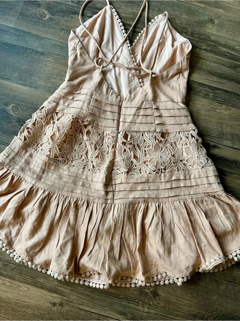Selfie Leslie Lace & Pleated Spaghetti Strap Dress in Peachy Tan - Picture 3 of 5